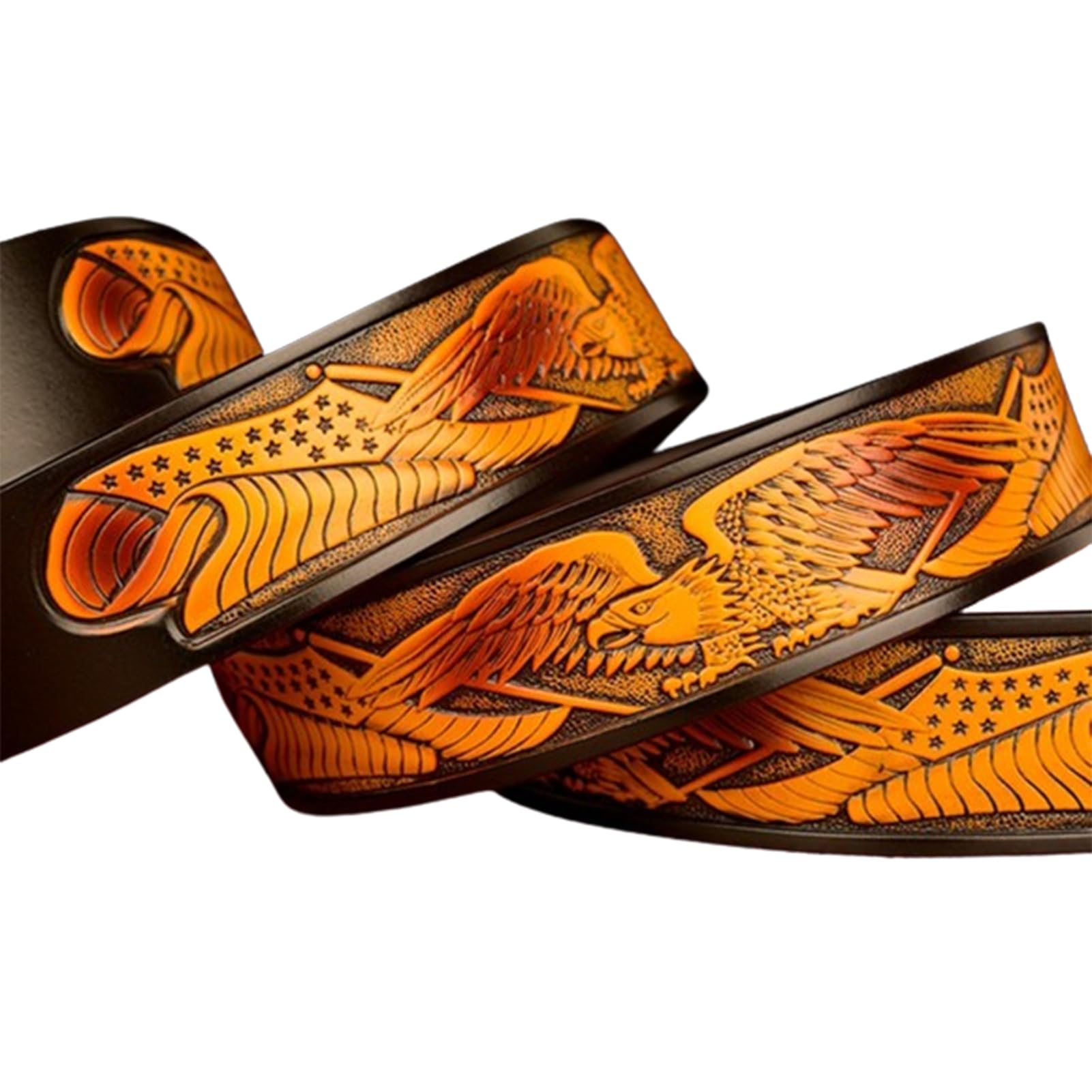 Cinturón De Cuero For Hombre Con Diseño Águila, Hebilla Trinquete Automática Deslizante, Dorada Tallada, Ajuste A Medida, 35 Mm Ancho