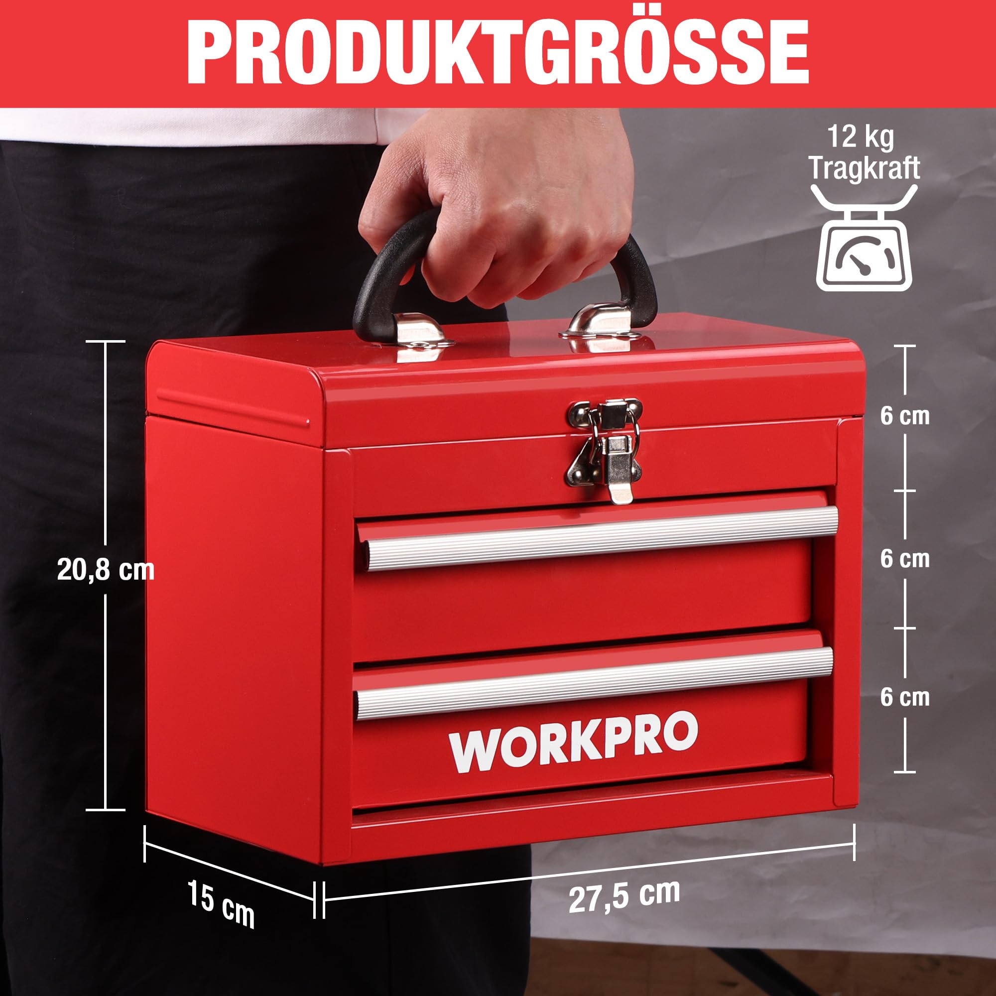 WORKPRO Metall Schubladenbox 2 Schubladen, Rot, Tisch Organizer | Tragbarer Organizer mit Griff und oberem Stauraum, ideal für Büro, Schreibtisch und Werkzeugaufbewahrung