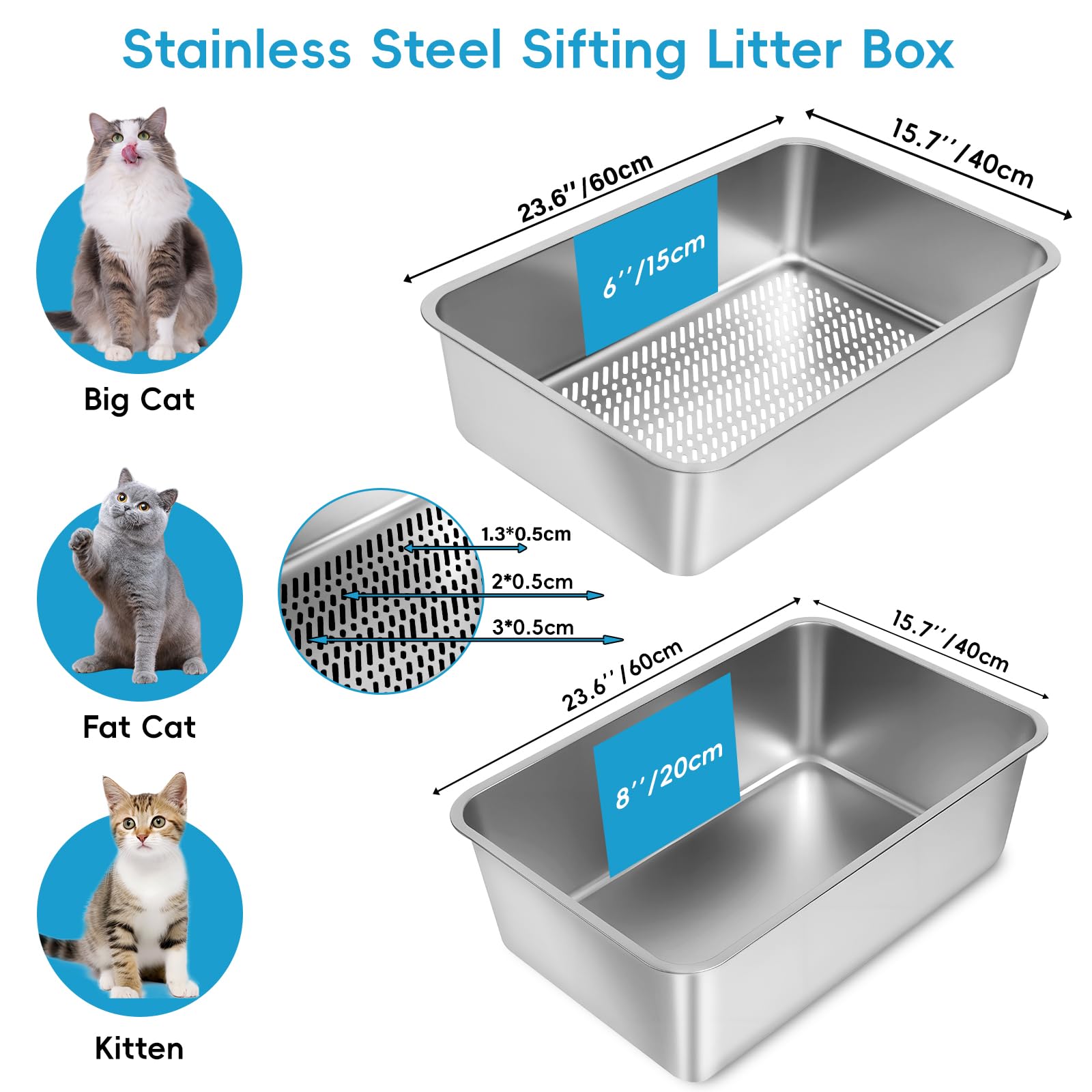 Stainless Steel Sifting Litter Box, 23.6" L x 15.7" W x 8" H Semi-Enclosed Metal Cat Litter Box with Sifting Pan, Scoop for Big Cat Easy Cleaning - image 2