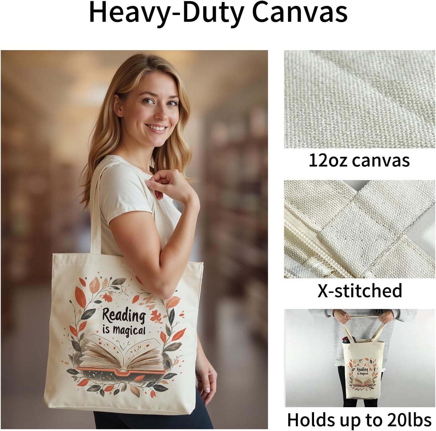 Canvas Tote Bag for Women, Aesthetic Tote Bag with Zipper Pocket for Grocery Travel Work Gift, Canvas Shopping Bag - Image 2