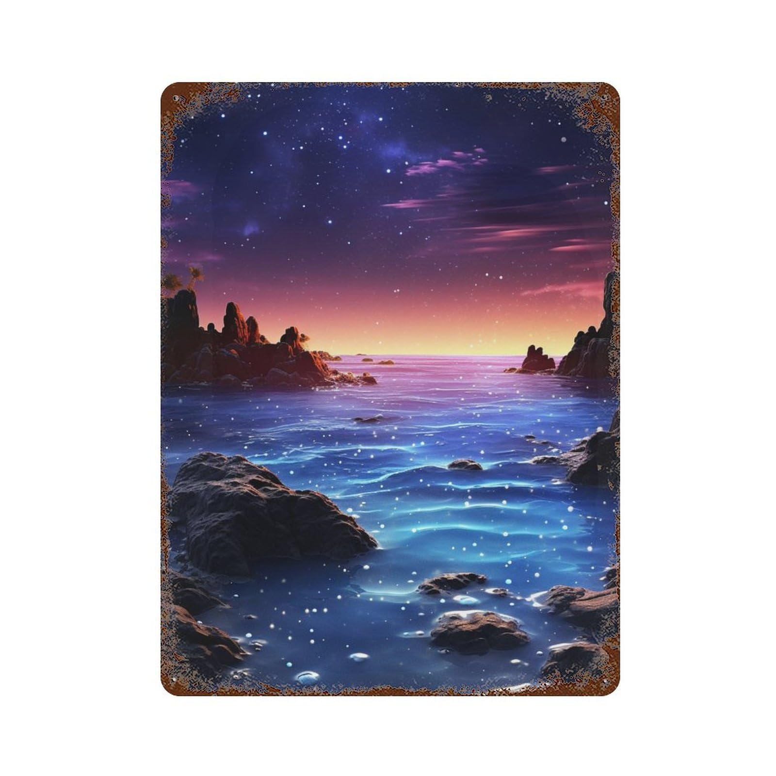 Vintage Rust Metal Sign with Magical Starry Night Ocean Design 15.7"x11.8", for Shed, Workshop And Garage Wall Decor, Retro Wall Decor