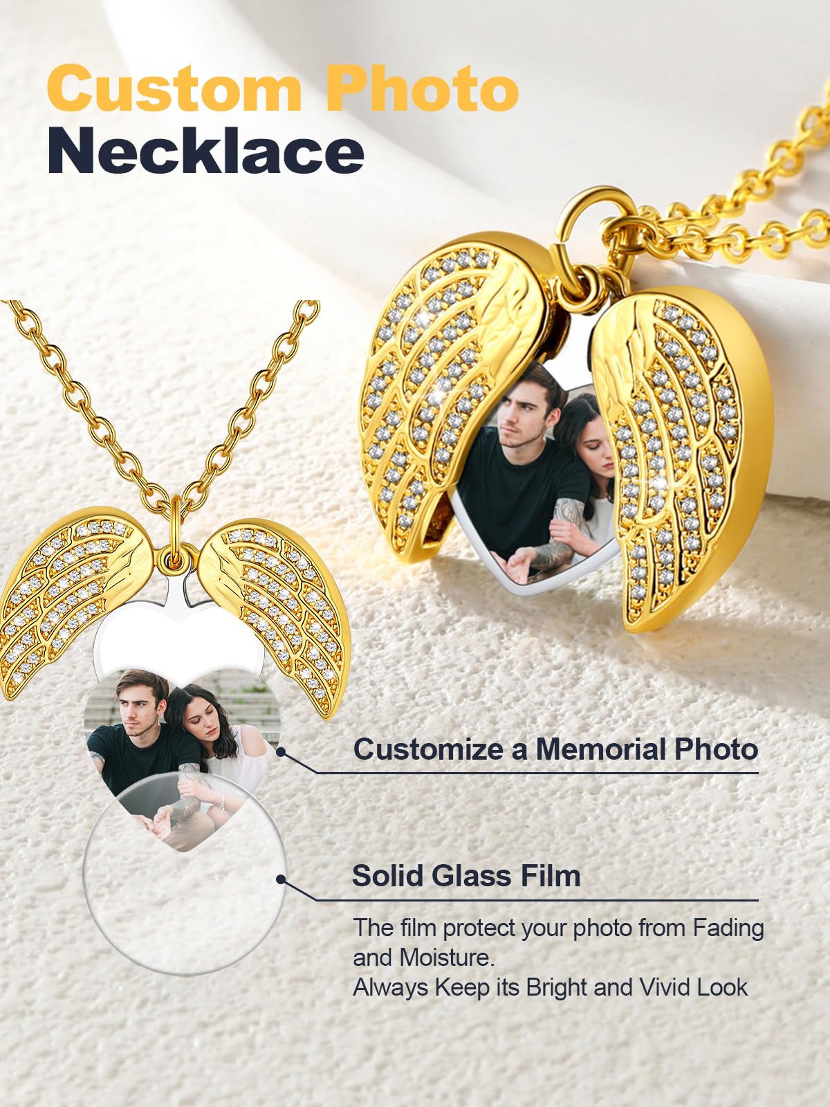 U7 Collana da Donna con Ciondolo Cuore Ali Apribile Personalizzata con Foto in Acciaio Inossidabile 316L Ciondolo Portafoto con Catena 51cm+5cm Regalo per Donna Mamma Compleanno Natale