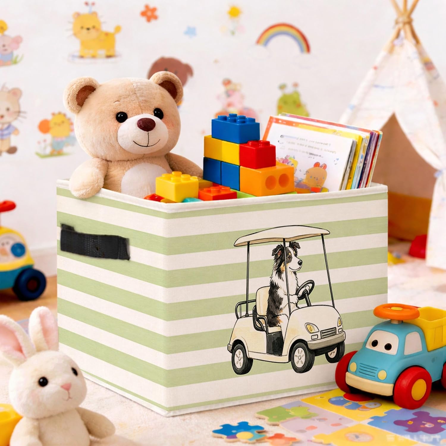 Golf Dog Green Stripe Foldable Fabric Storage Bin image 2