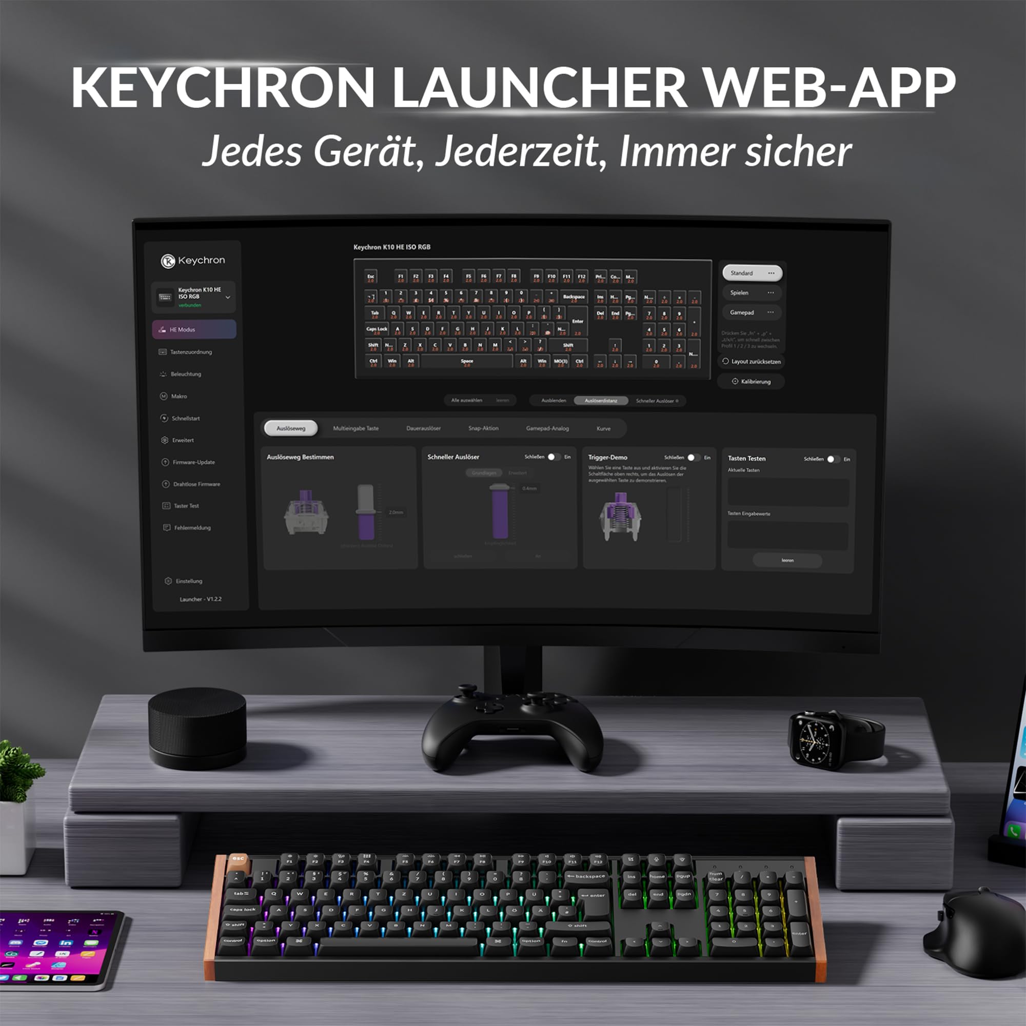 Keychron K10 HE kabellose Gaming-Tastatur, ISO-DE-Layout, Gateron Nebula Dual-Rail-Magnetschalter, programmierbar, Aluminium- und Holzrahmen, für Mac und Windows – Sonderedition (Schwarz)