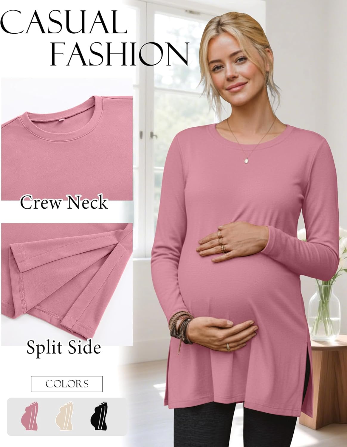 Riyiper 3 Pack Women's Maternity Shirts Split Side Crew Neck Pregnancy Lounge Tee Tops Long Sleeve Loose Fit Pajamas Clothes