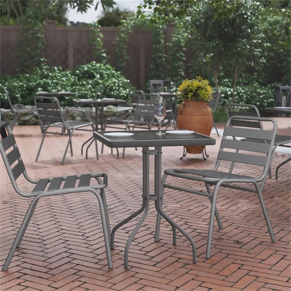 BOWERY HILL 23.5" Square Metal Outdoor Table, Glass Top, Silver Finish, Tempered Glass, Durable All-Weather Design, Patio Bistro Table for Balcony, Deck, Poolside or Restaurant Use