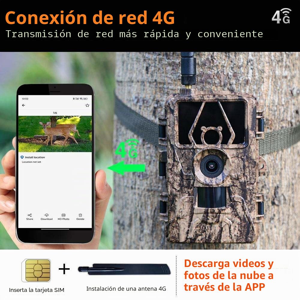 Cámara de caza 4G LTE con aplicación de transferencia de teléfono móvil, cámara de caza de 60 MP 8 K con sensor de movimiento, visión nocturna, cámara de caza con tarjeta SIM, gran angular de