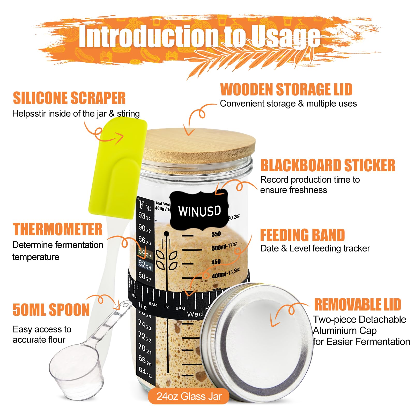 Kit de démarrage en verre pour levain - 650 ml - Récipient à levain réutilisable pour une cuisson facile du pain - Facile à utiliser et à nettoyer - Cadeau parfait pour la pâtisserie