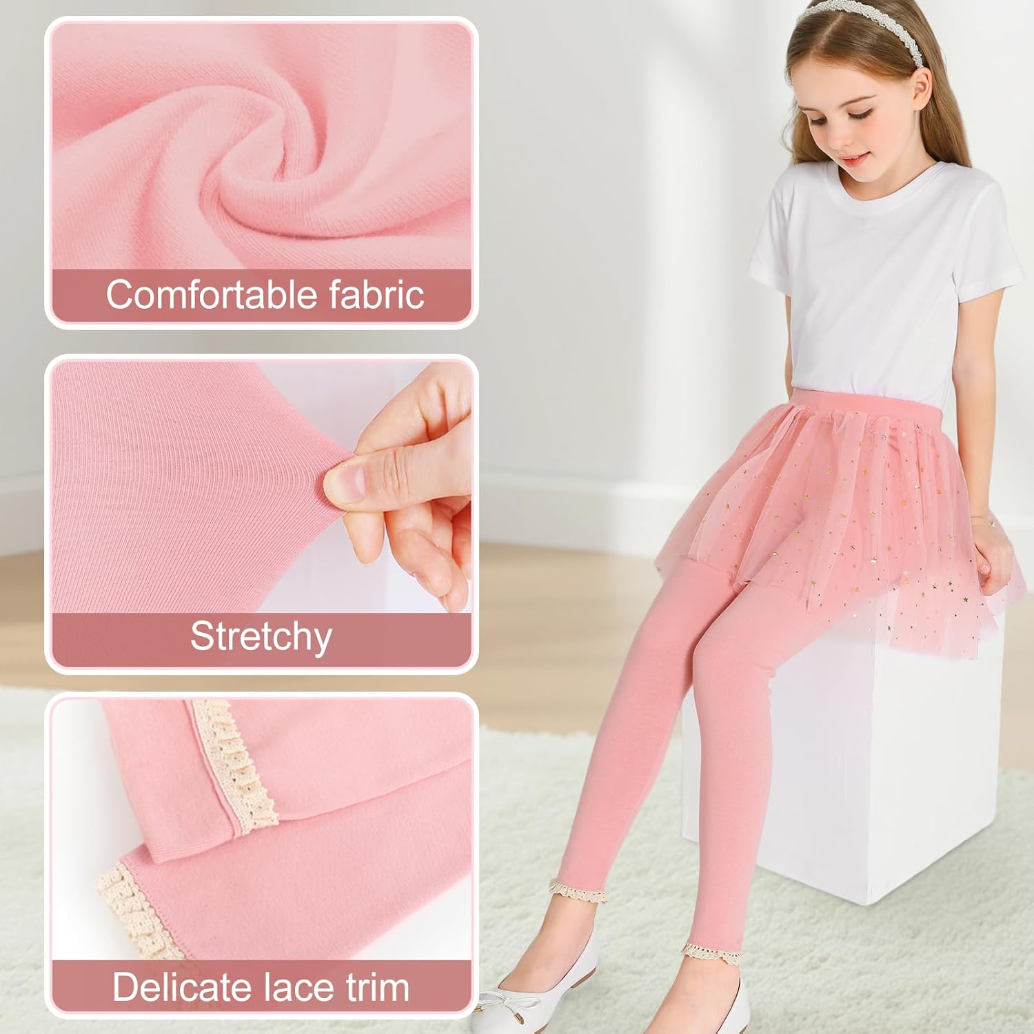 Girls Leggings with Skirt Footless Sparkly Tulle Skirt Pants for Kids Toddler Baby 1-8 Years - Image 4