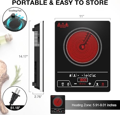Miniatura 8 de VBGK Cocina eléctrica de un solo quemador, estufa eléctrica de 1800 W, control táctil LED portátil, 8 niveles de potencia, bloqueo para niños