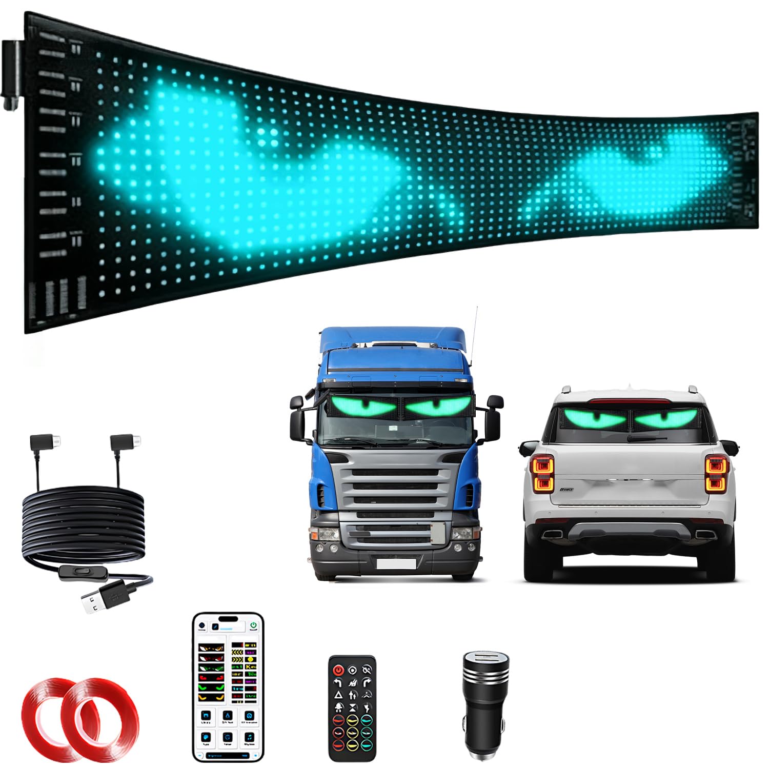 LED Augen für Auto, 20 * 90cm LED Augen für LKW, Programmierbar Devil Eyes mit APP-Steuerung und Fernbedienung für Text Auto LKW?Pixel: 16 * 96?