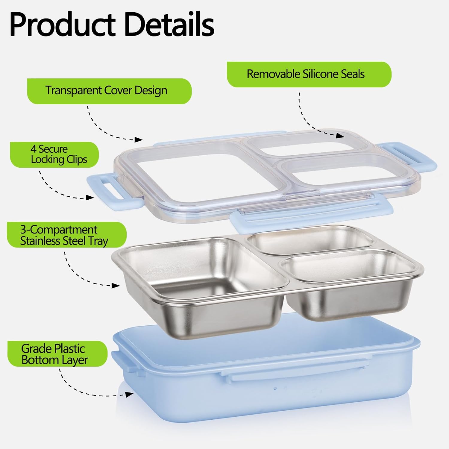 Stainless Steel Bento Box, 3 Compartments Leakproof Stainless Steel Snack Containers, 25 oz Premium 304 Metal Lunch Box for Adults, BPA-Free, Dishwasher Safe (Blue) image 5