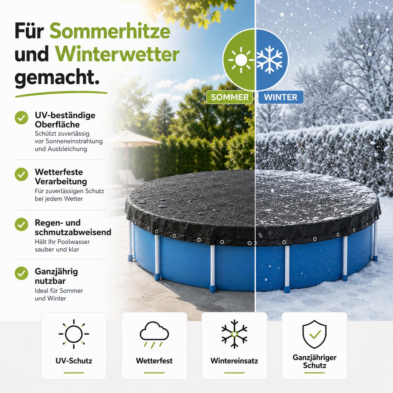 Cubierta de piscina redonda – Lona extra fuerte de 200 g/m² – Cubierta solar resistente a los rayos UV para verano e invierno – Lona de piscina resistente en color negro (550-600 cm de diámetro 680 cm