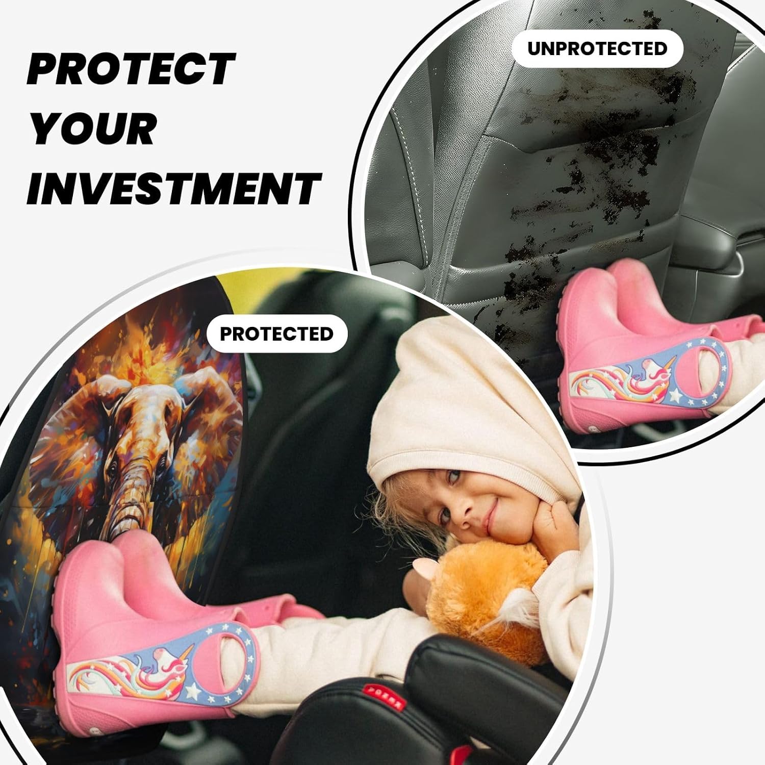 Car Seat Back Kick Protector 2 Pack 18.5x26.4 Inch, Watercolor Elephant Anti-Kick Pad, Waterproof Oxford Fabric Large Rear Seat Cover for Kids Pets Fits SUV Jeep Truck Sedan