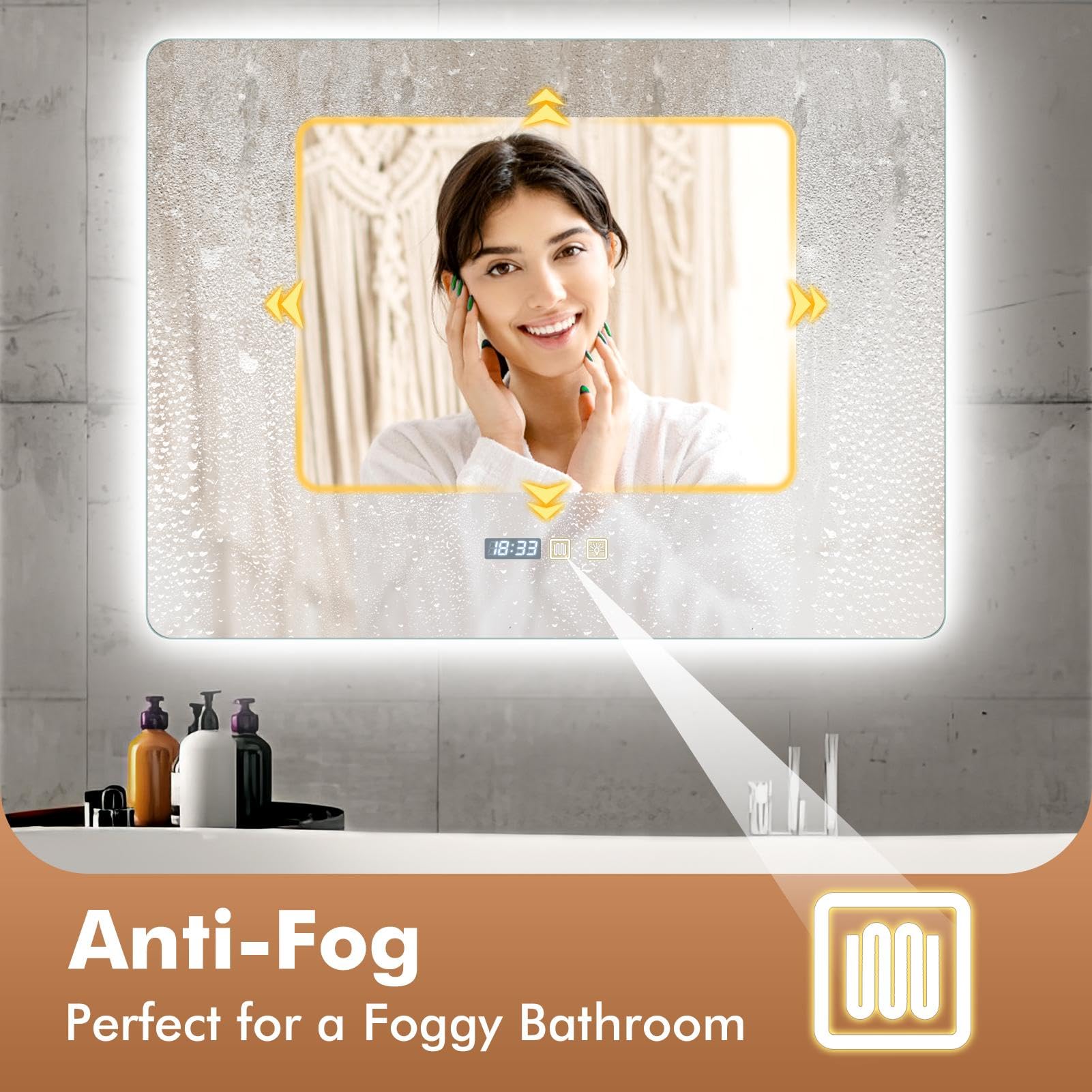 Viugreum Espejo Baño con Luz LED Regulable en 3 Colores, Cuadrado 80 * 60cm Luz de Baño Espejo de Pared con Interruptor Táctil, Función Antivaho, Ajuste de Brillo, Espejos LED Retroiluminado