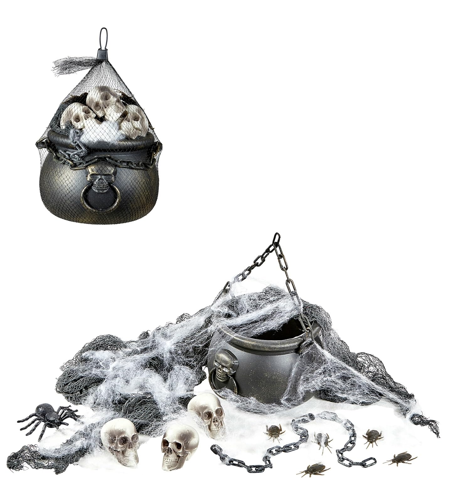 W WIDMANN MILANO Party Fashion Halloween Decorative Set (Cauldron, 3 Skulls, Spiderweb & Spider, Chain and Freaky Fabric) -