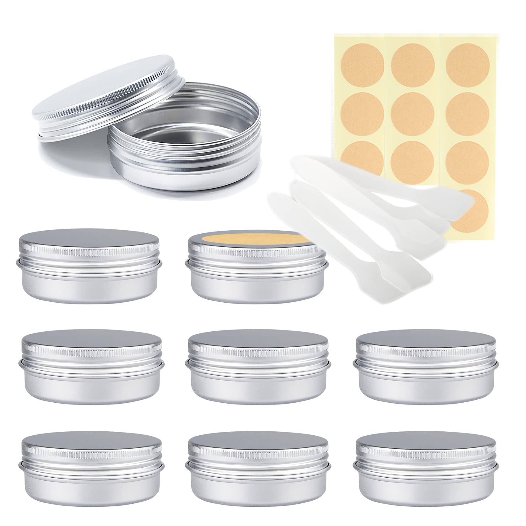 LusDoly Pack of 10 Empty 60ml Silver Aluminium Tins with Lids - Ø68x27mm Round Aluminum Screw Pots Cosmetic Cream Jars Container for Candle Lip Balm, Travel, with Labels & Spatulas