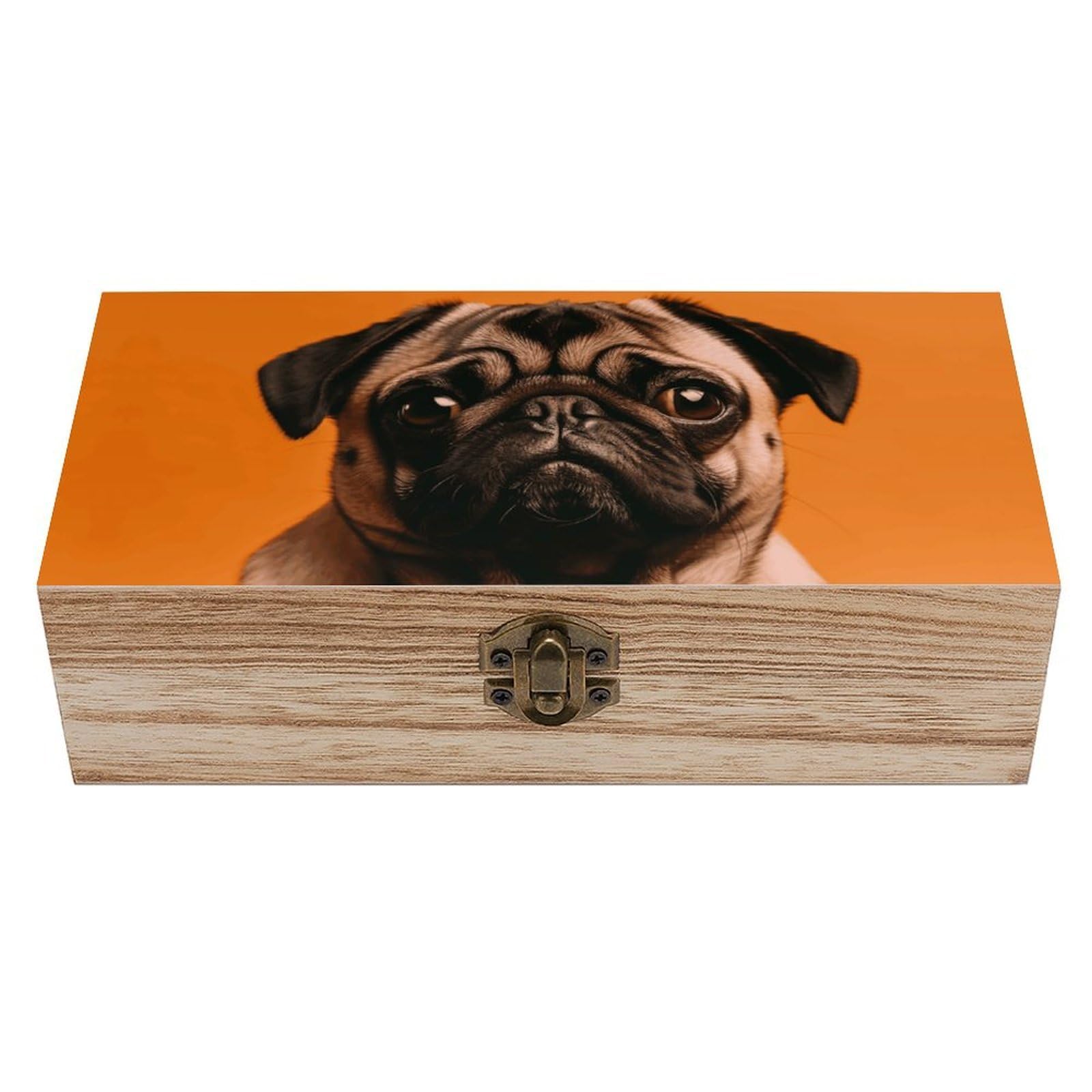 NONHAI Wooden Storage Box A Pug Wood Gift Box with Hinged Lid Vintage Decorative Jewelry Boxes Memory Box for Jewelry Art Hobbies Home Storage Treasure Keepsake Gift 7.9''x3.9''x2.3''