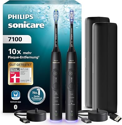 Philips Sonicare 7100 elektrische Zahnbürste, Schallzahnbürste mit App, 4 Putzmodi, 3 Intensitätsstufen, Andruckkontrolle, EasyStart, SmarTimer, Schwarz, 2er-Pack, Modell HX7429/03 [Neue Technologie]