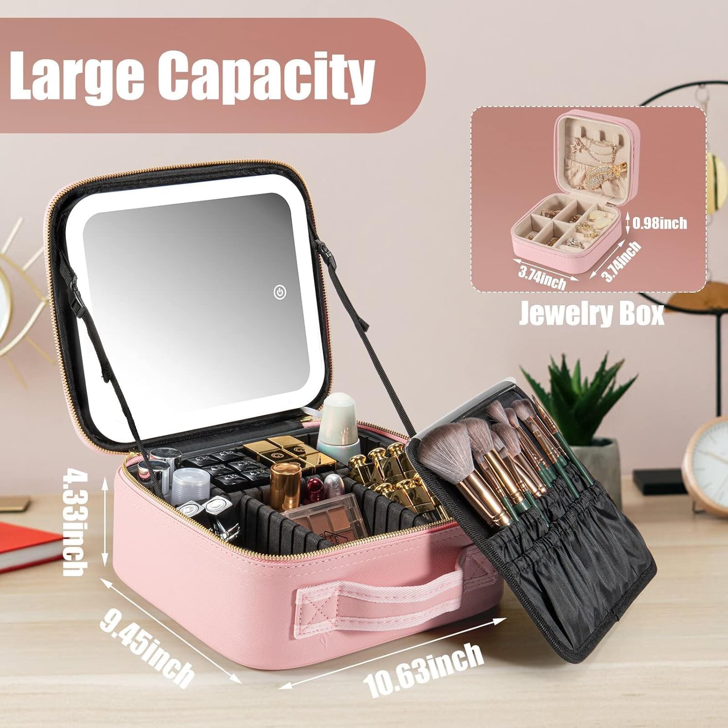 Ncry Makeup Travel Bag with, Makeup Travel Train Case with Adjustable Divider, Makeup Bag with Mirror Travel Cosmetic Bag for Makeup (Pink) 1