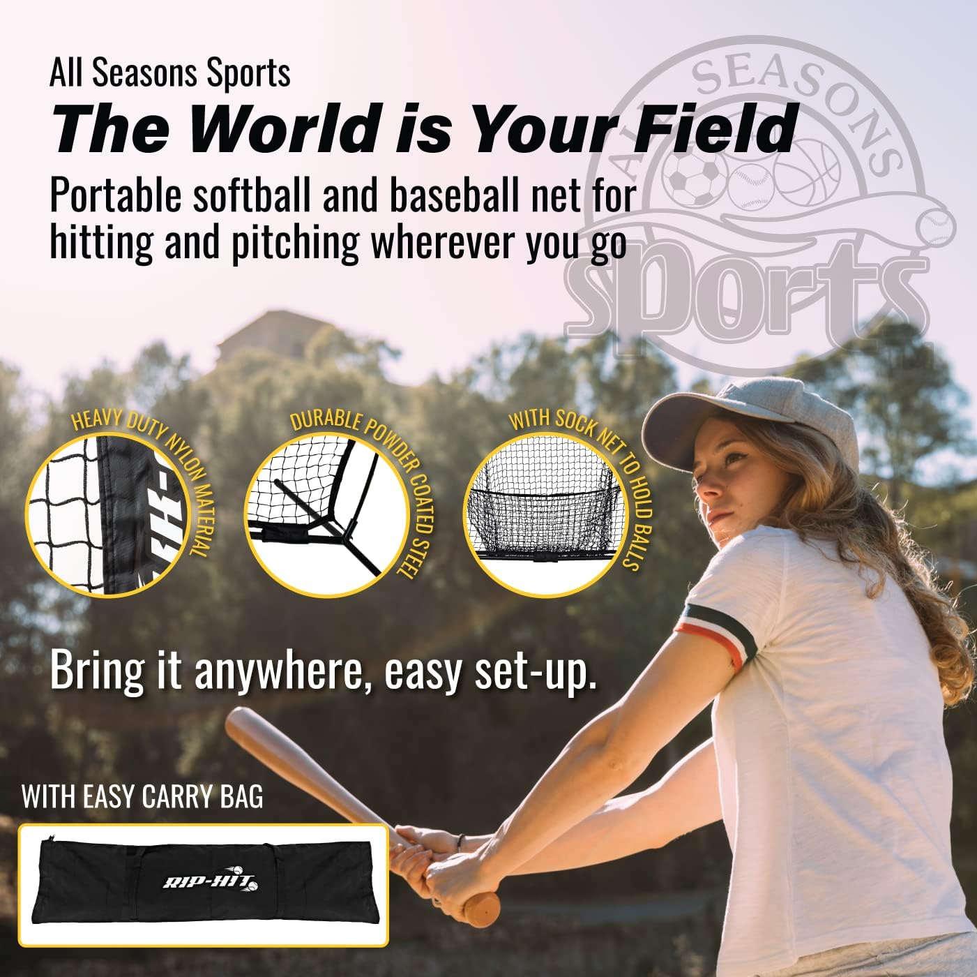 7’X7’ Baseball Softball Lacrosse Hockey Hitting Pitching Throwing Practice Net with Bow Frame, Carry Bag, Skill Levels - Manufactured by Local Dad and Coach to Save us Money!
