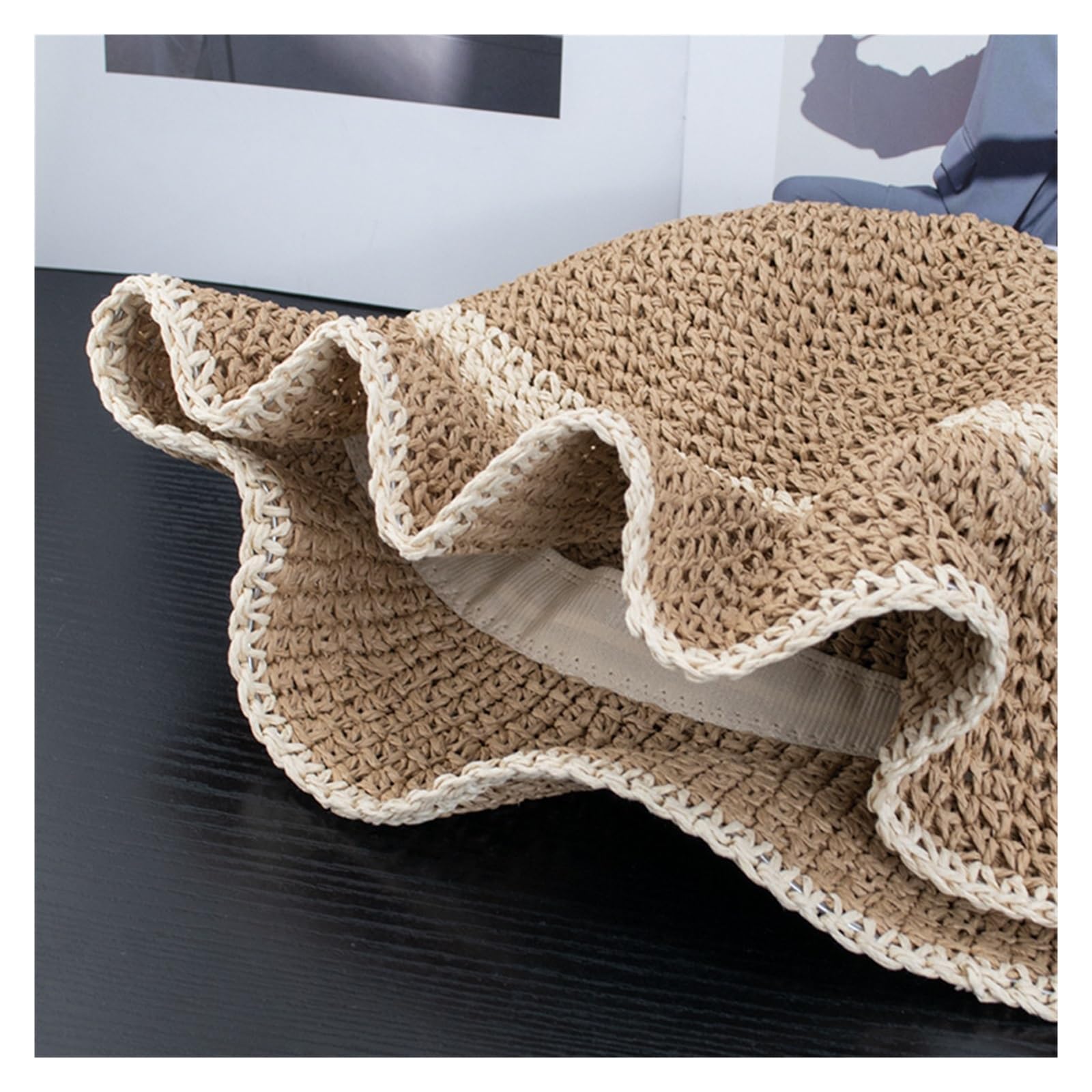 Sombrero de paja con ala ondulada for mujer, estilo cubo plegable ancha for playa, exteriores y verano