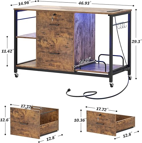 Miniatura 2 de Hyomdeck Archivador lateral de 2 cajones con soporte para trituradora, archivador de oficina con bloqueo con salida y luz LED, soporte de impresora