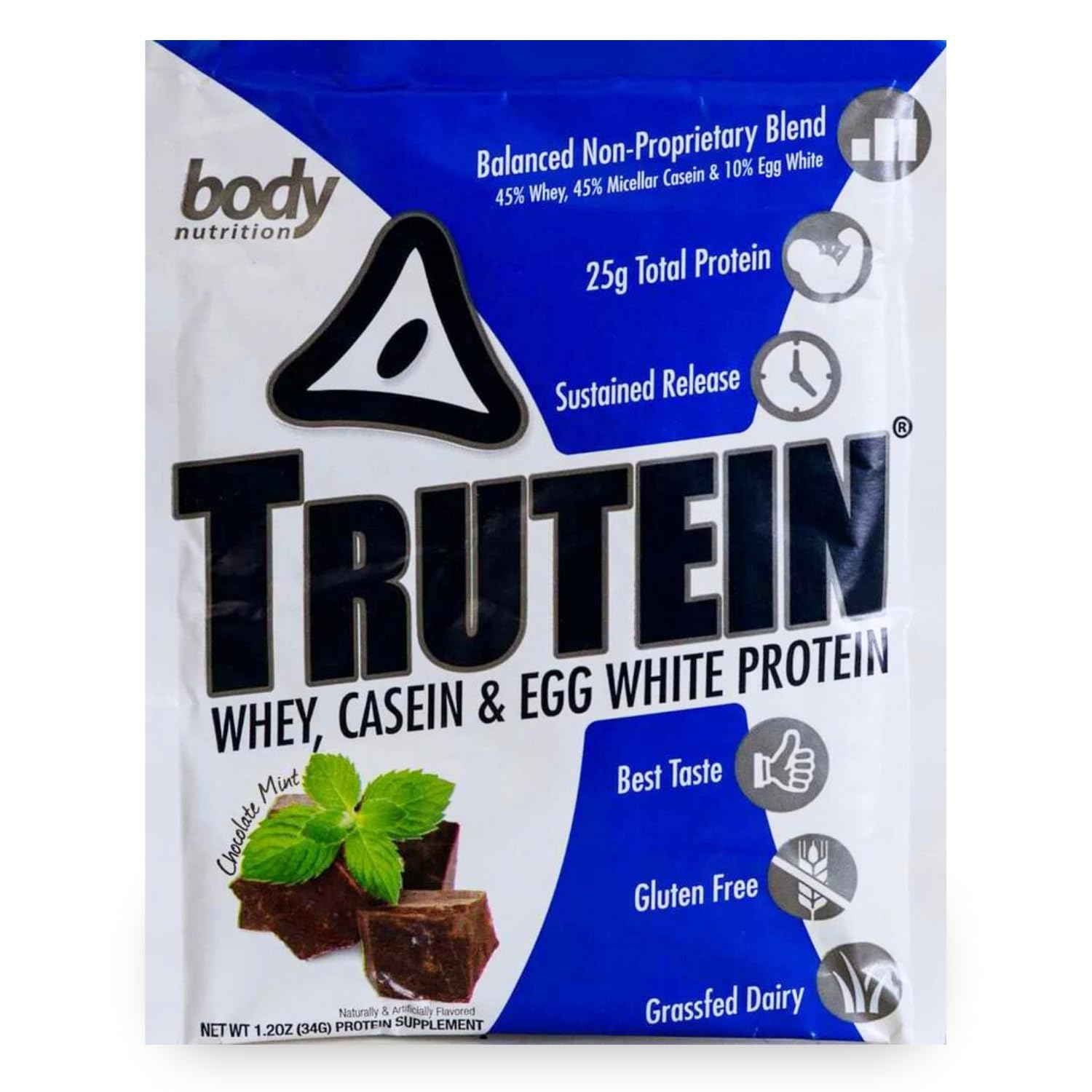 Body NutritionTrutein High Protein Powder: 45% Whey, 45% Casein, 10% Egg White, Gluten-Free, Low Sodium, Grass Fed Whey Protein Powder, Gym Supplement & Breakfast Shake, Chocolate Mint, 34g Sample