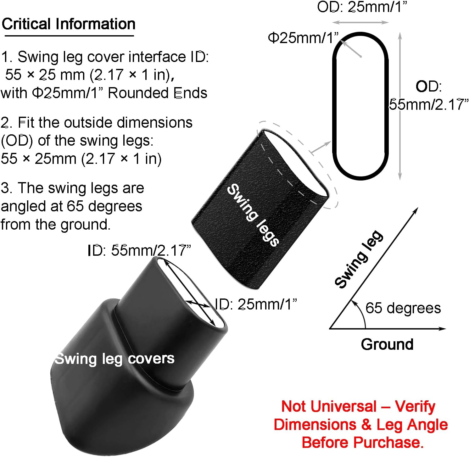 Porch Swing Feet Replacement Oval, 2-3/16" x 1"(55x25mm) Black Angled Tube Insert Plastic Leg Caps(Set of 4)