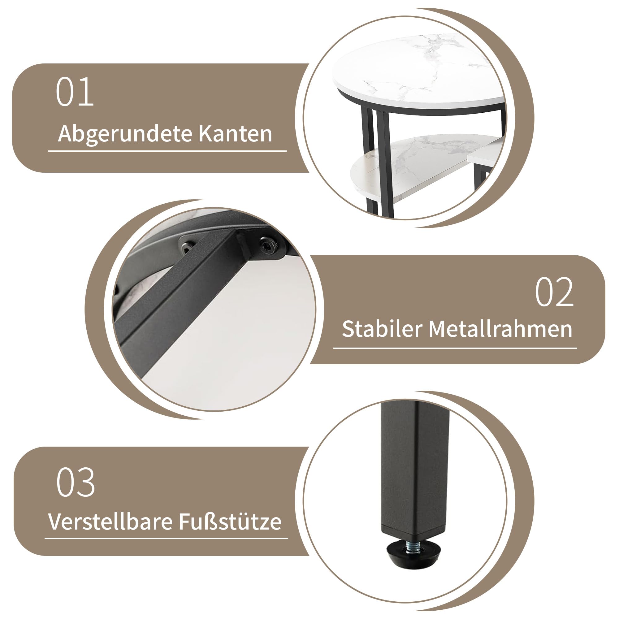 Couchtisch 2er Set,2 in 1 Wohnzimmertisch mit stauraum,Moderne Sofatisch Couchtisch Rund und Oval in Marmor Optik,Metallrahmen satztische fürs Wohnzimmer,Beistelltisch Set
