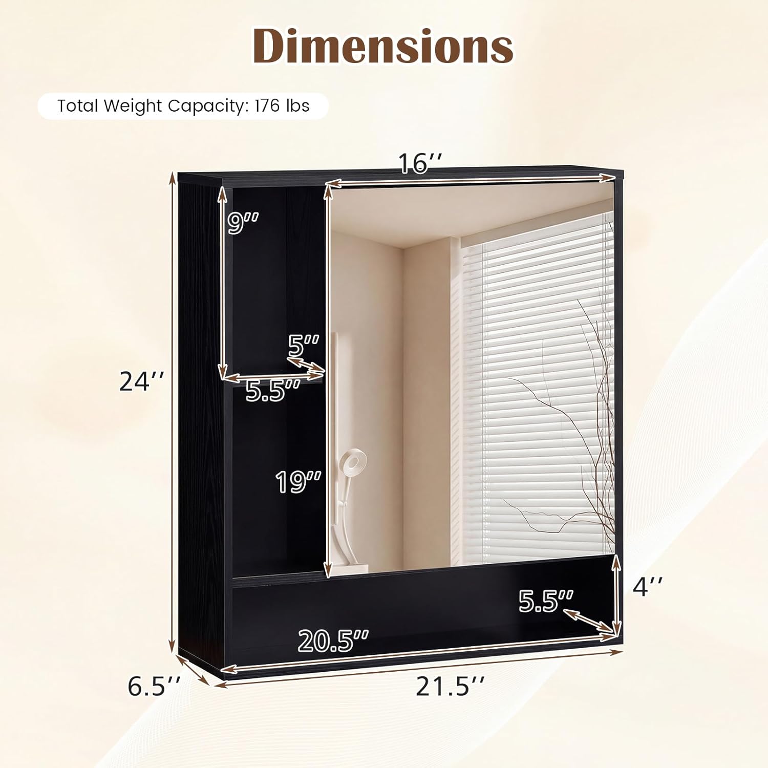 Tangkula Bathroom Cabinet with Mirror, Wall Cabinet with Mirrored Door, 3 Open Cubes, Adjustable Shelf, Wooden Grain Finish, Space-Saving Modern Storage Organizer for Living Room, Entryway (Black)