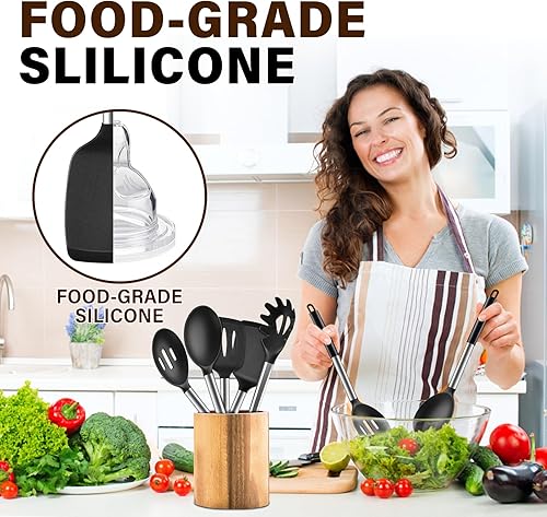Miniatura 6 de Juego de utensilios de cocina de silicona, 5 piezas, herramientas de cocina resistentes al calor, incluye espátula sólida y ranurada, cuchara de