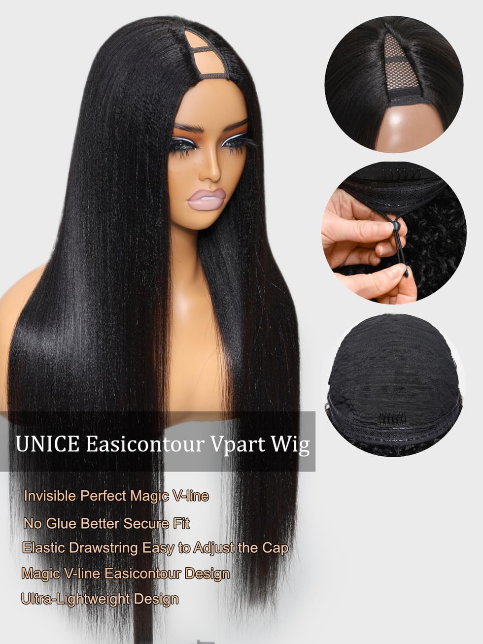 Human Hair V Part Wig Yaki Straight EasiContour Glueless 22 Inch 150% Density Amazon.com : UNICE EasiContour V Part Wigs Human Hair Yaki  main image 4