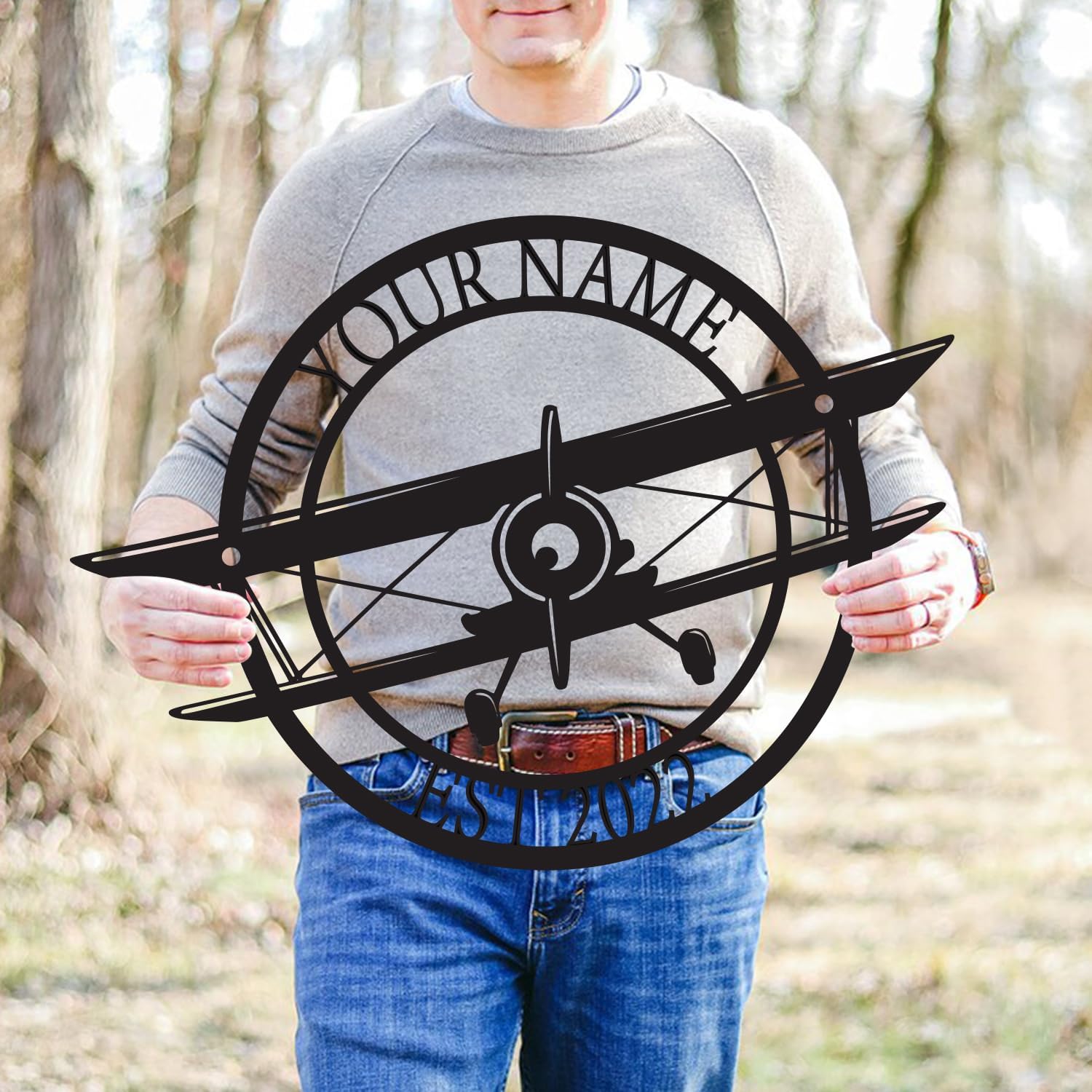 Personalized Family Name Propeller Plane Metal Sign – Customized Airplane With Established Year – Wall Art Gift for Boys/Pilot – Monogram Outdoor