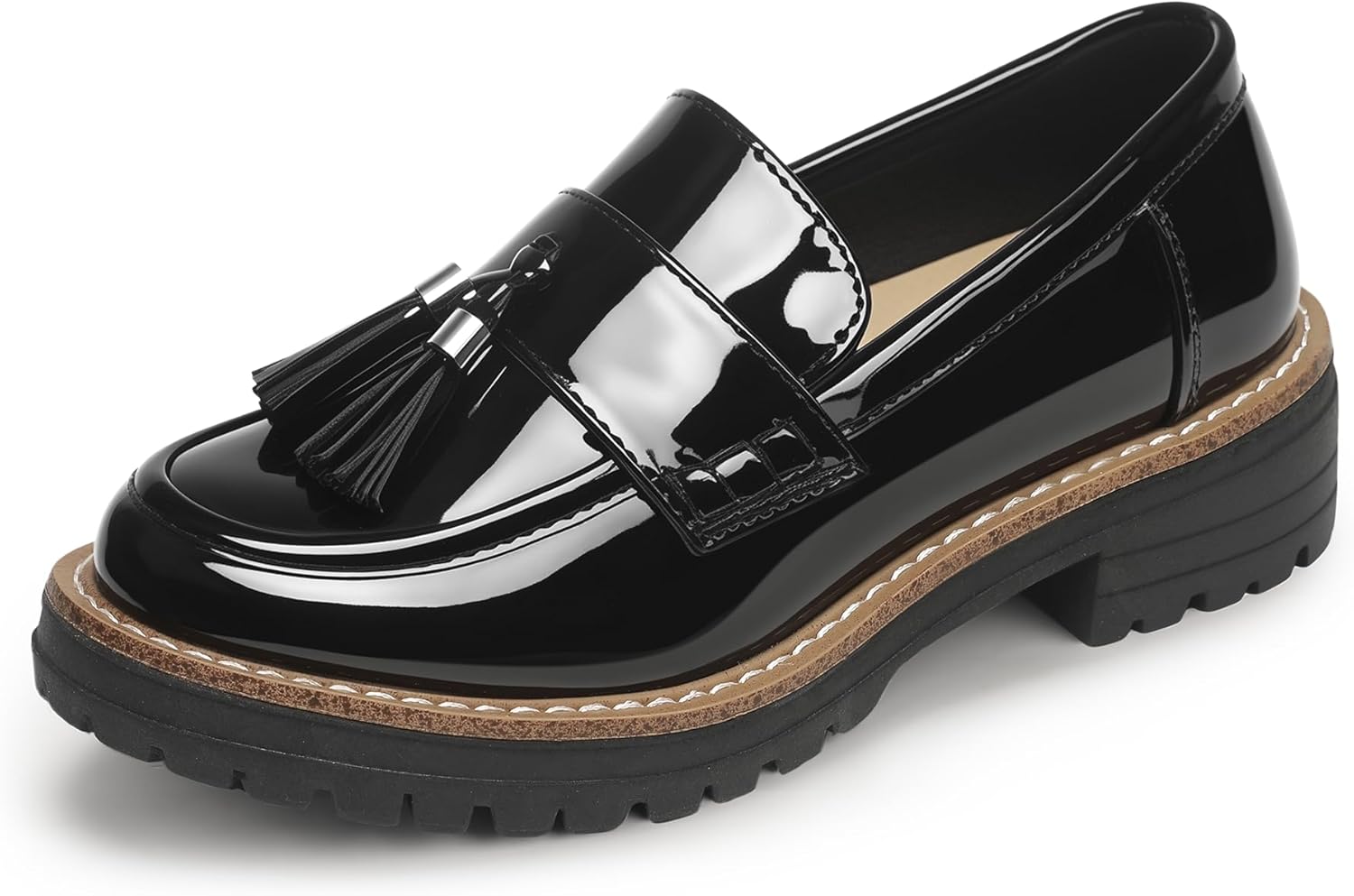 IDIFU IN2 Platform Loafers for Women Lug Sole Slip on Shoes Chunky Penny Low Heeled Loafers for Women Fall Work Business Office Party Casual Comfortable Fashion Closed Toe Dress Shoes with Tassel