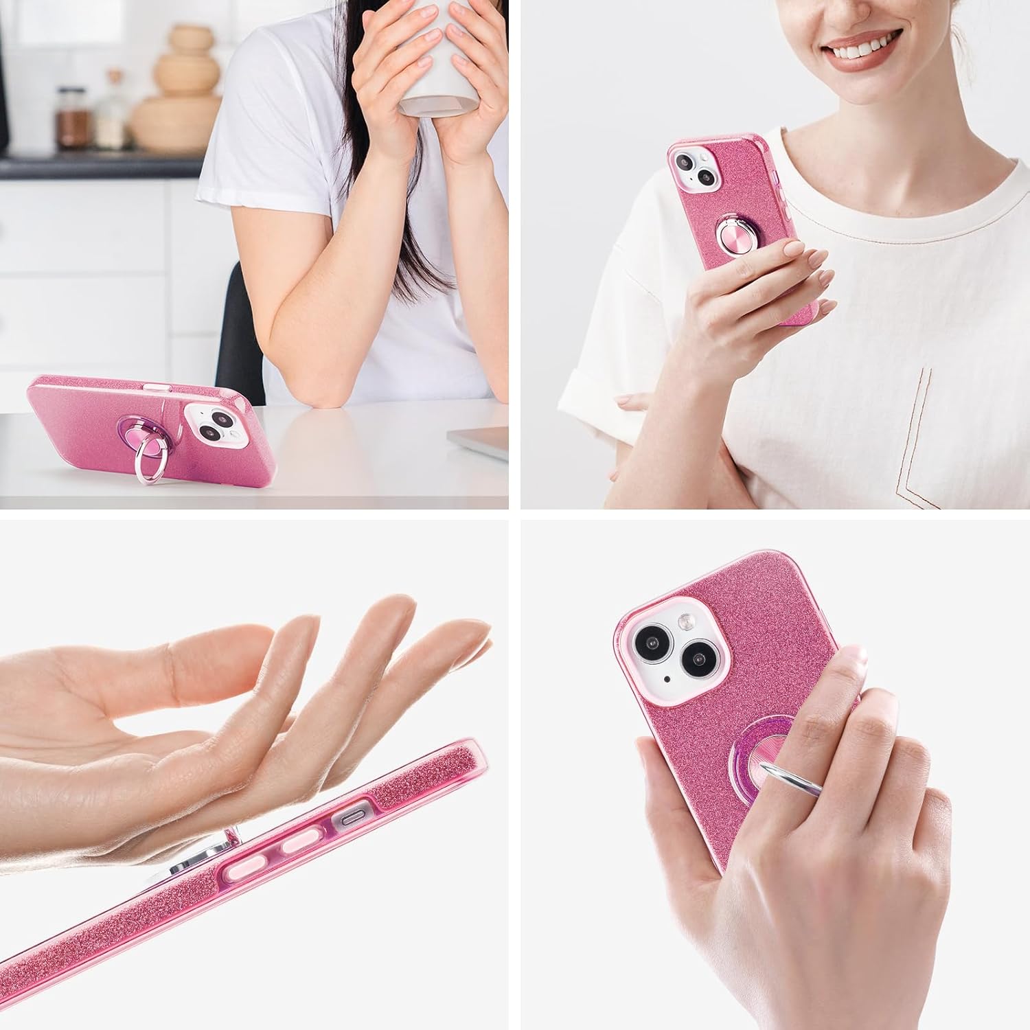Wisdompro Case for iPhone 15, for iPhone 14, for iPhone 13, Cute Glitter Bling Sparkle Protective Case with Ring Kickstand, Women Girls Phone Case for 6.1 Inch iPhone 15/14/13 - Pink - Image 5