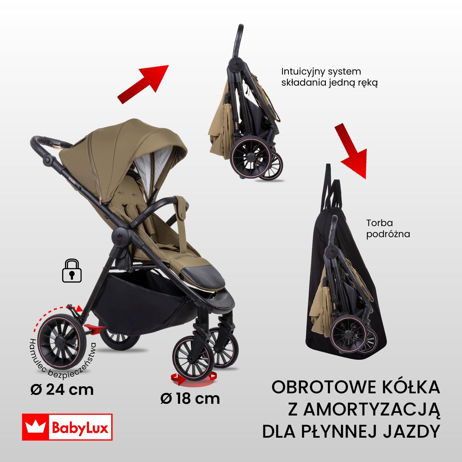Lekki Wózek Spacerowy BabyLux ROMBO, Składany z Amortyzacją, Kolor: Olive
