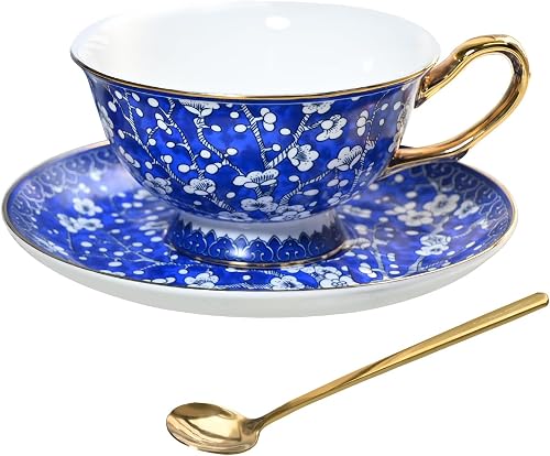CLAYORA British Royal 22K Gold-Plated Tea Cup Set and Saucers, 6.8 oz Bone China