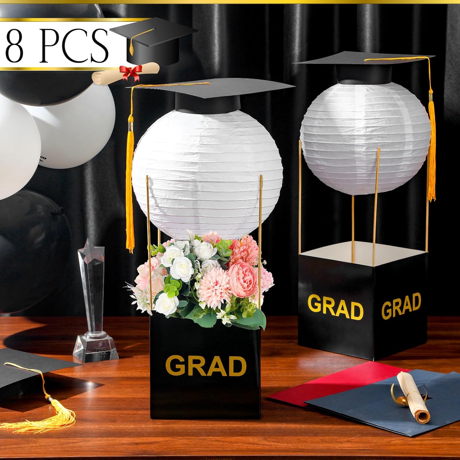 8 Pcs Grad Hat Paper Lantern Graduation Table Centerpiece Boxes Graduation Cup Lanterns Congrats Graduation Cap Flower Box Decoration Gifts for Graduation Ceremony Party Favor Him Her