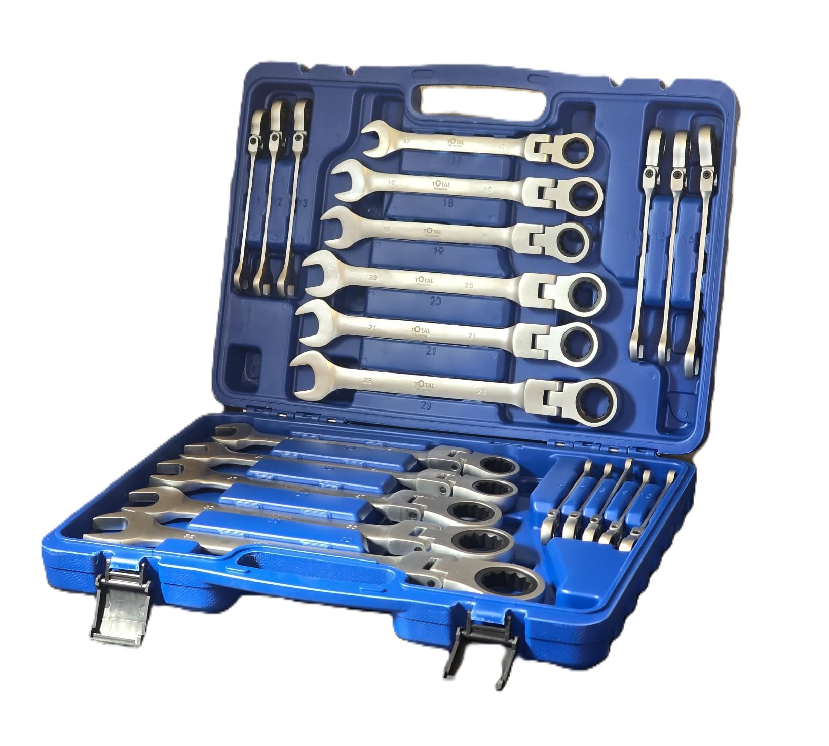 Total Abrasives - E1611-22 Piece Flexible Ratchet Wrench Set Metric 6-32mm | Flex Head Combination Spanner Set with Carry Case
