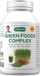ANDREW LESSMAN Green Foods Complex 30 Capsules - Supplies Building Blocks for Healthy Tissue Growth, Liver Support. 100 mg Each of Barley Grass, Wheat Grass, Blue Green Algae, Chlorella, Spirulina