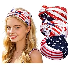BRELIL Patriotic Twisted Knotted Headband for Women, Stretchy Non Slip Red White Blue Stars Stripes Hairband, Breathable Soft American Flag Hair Accessory for 4th of July Workout, Daily Wear white