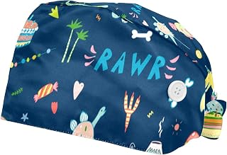 2 Pieces Working Hat with Buttons Adjustable Sweatband Bouffant Hats Unisex Tie Back Hats Cartoon Forest Dinosaur