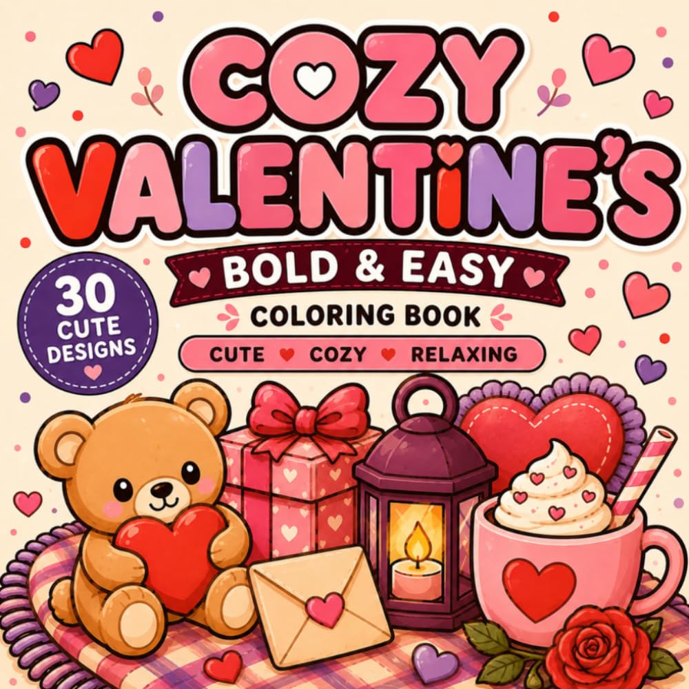 Cozy Valentine's Day Coloring Book: 30 Cute and Simple Valentine's Day Designs (Cozy Bold & Easy Coloring Books)