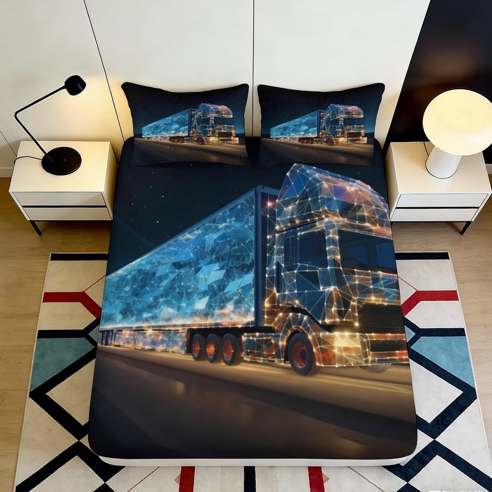 3D Printed Night City Truck Fitted Sheet Microfiber Soft Bed Cover Urban Road Mattress Cover for Bedroom Decor 90x200x25cm