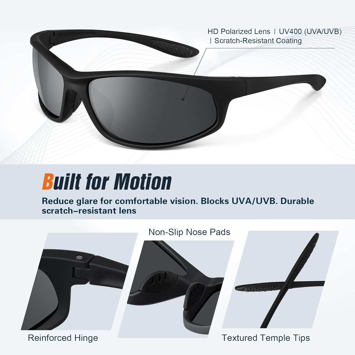 Sports Polarized Sunglasses for Mens Womens - Wrap Around TR90 Sun Glasses UV400 Shades for Cycling Fishing Running - Image 3