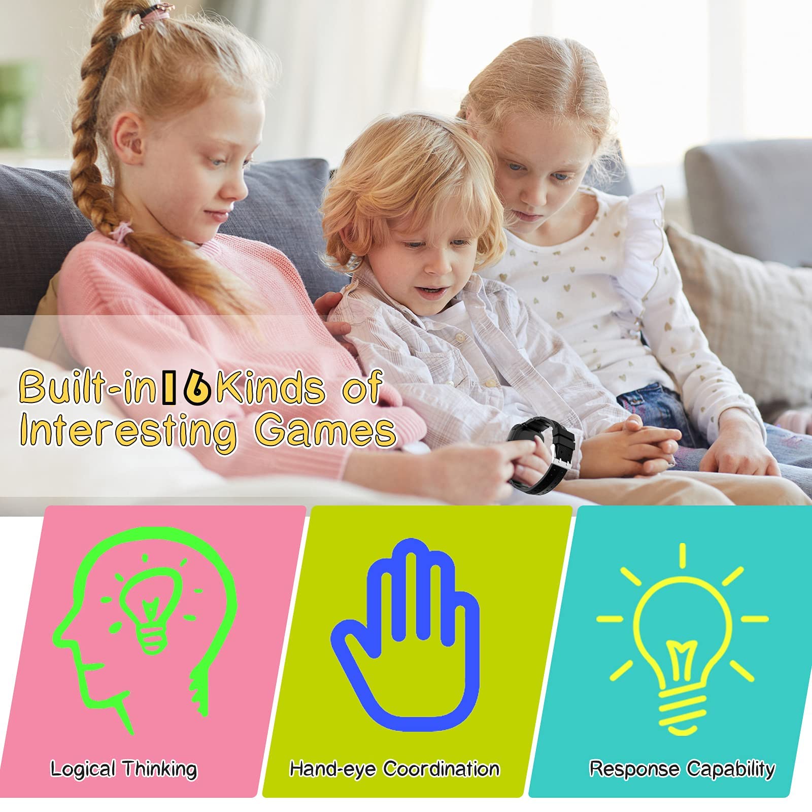Smartwatch Bambini con Telefono, Orologio Intelligente con 16 Giochi Chiamata Musicale SOS Touchscreen Fotocamera, Smart Watch per Ragazzi Ragazze Regalo di Compleanno[Scheda SD Integrata]