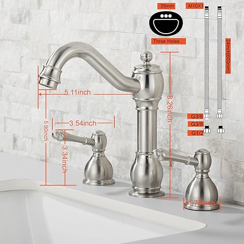 Miniatura 5 de IBOFYY Grifo de baño de níquel cepillado, grifo de fregadero de baño de dos manijas de 8 pulgadas, 3 agujeros, latón macizo con montaje de drenaje