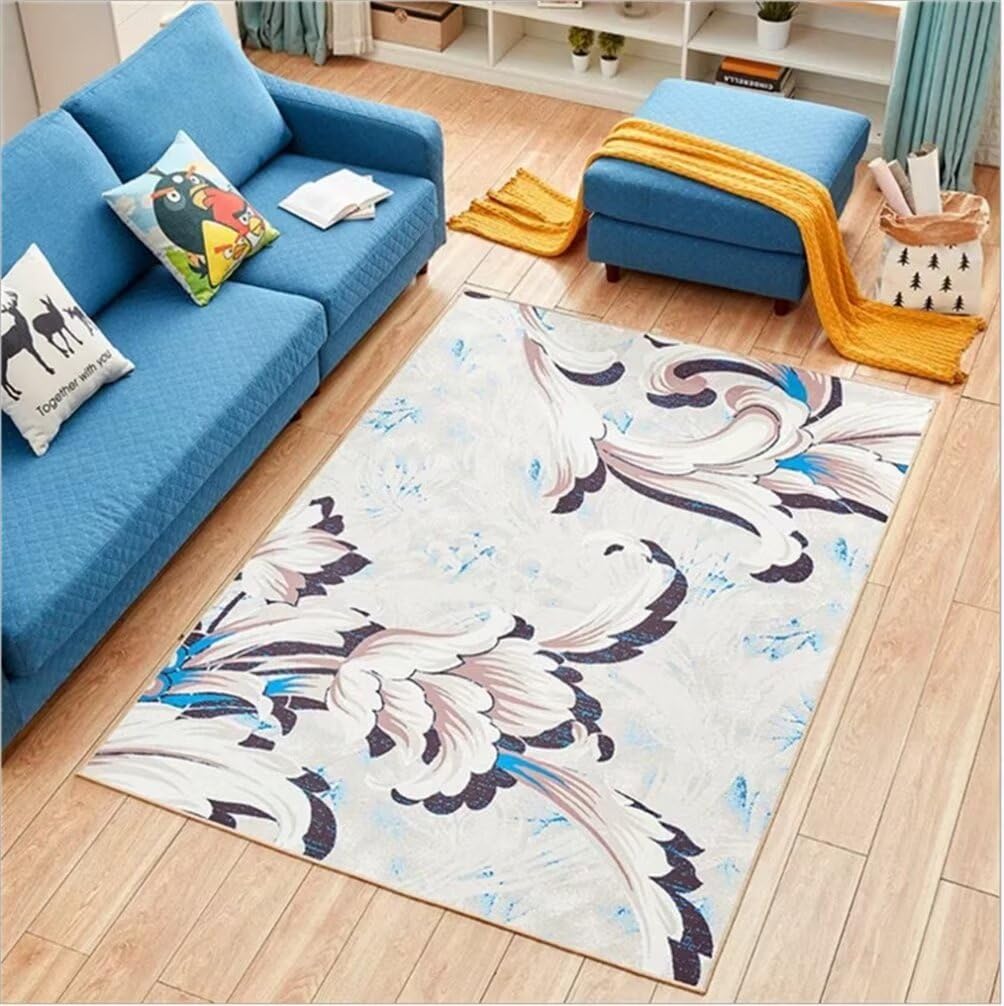 Tapis design salon bleu gris lavable en machine à motifs floraux 60x110