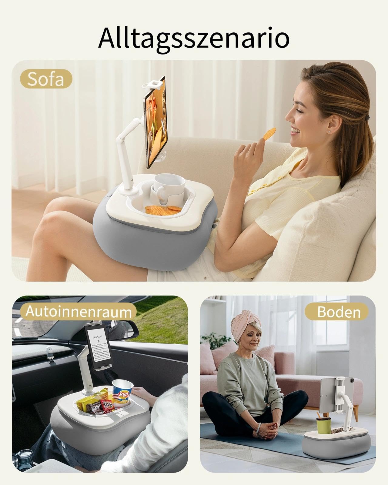 SAIJI Supporto per cuscino per tablet da letto regolabile per iPad con ciotola per snack di qualità alimentare, accessorio per bambini da 4,7 a 15,6 pollici, smartphone, tablet, grigio